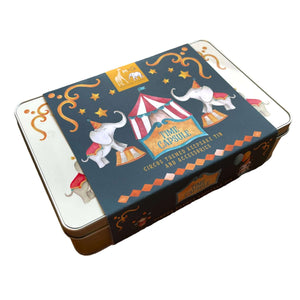 Circus Time Capsule set from Mustard and Gray. Printed keepsake tin with cards and memorys bag. Time Capsule Gift Set
