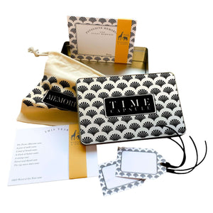 Gatsby Time Capsule set from Mustard and Gray. Printed keepsake tin with cards and memorys bag. Time Capsule Gift Set