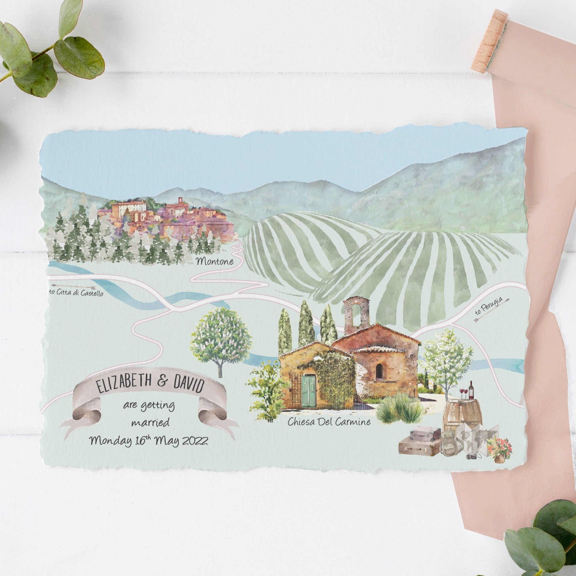 Illustrated watercolour Wedding Map featuring Montone in Italy and the Chiesa Del Carmine. Vineyards and rolling hills. From Mustard and Gray