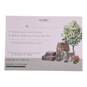 Wedding RSVP Response card illustrated with wine barrel, bottle and glasses, travellers suitcase and map and a tree from Mustard and Gray