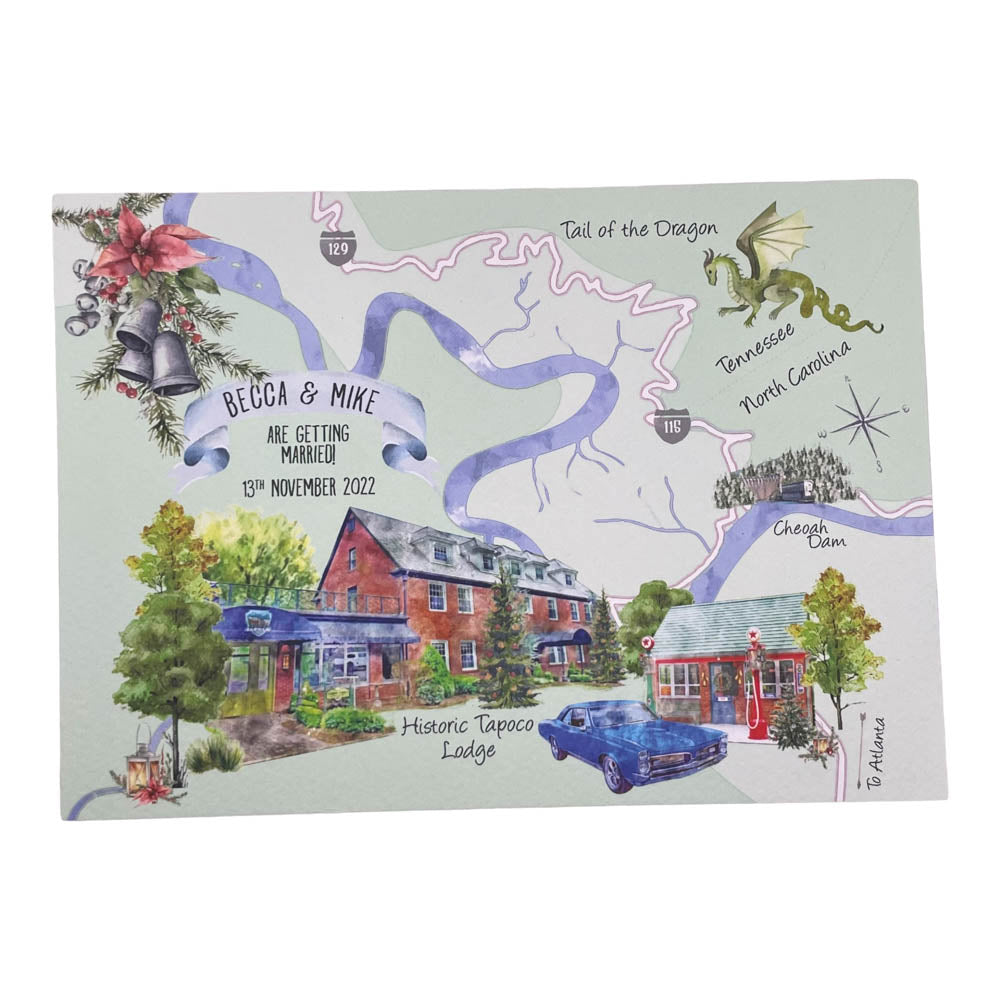 Historic Tapoco Lodge Wedding Invitation with muscle Car and Tail of teh Dragon route 116 in North Carolina and Tennessee