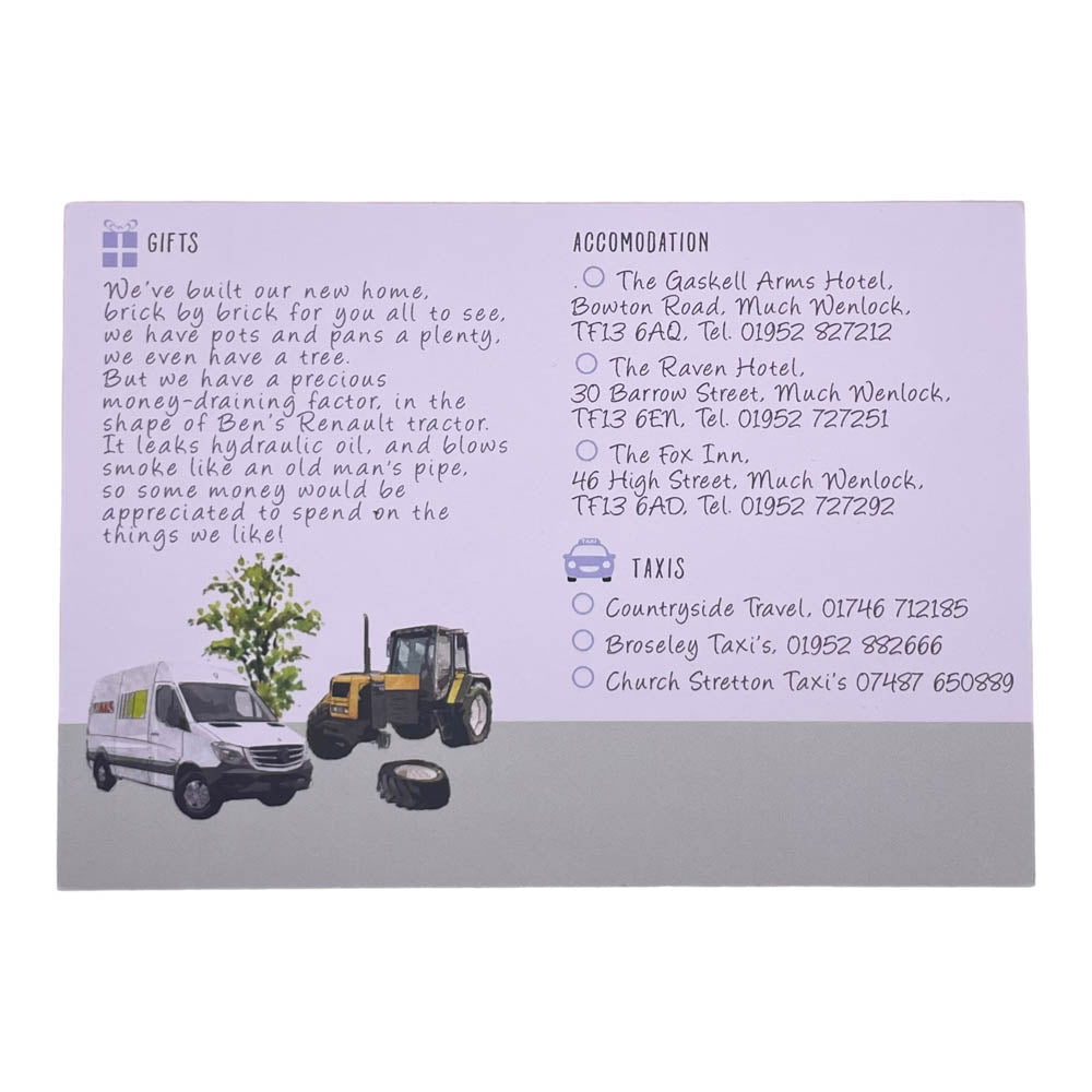 info card with funny tractor missing a wheel illustration and gift poem