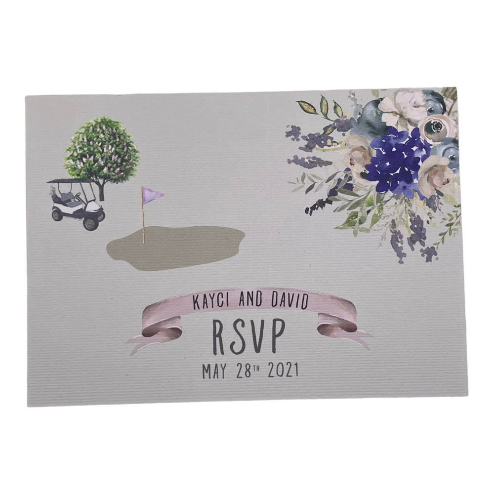 A golf themed RSVP wedding response card with golf buggy and green frag