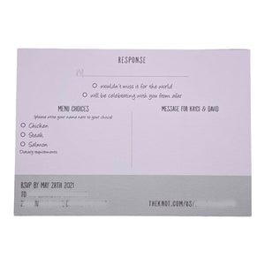 back of a RSVP response card with menu choices and message area