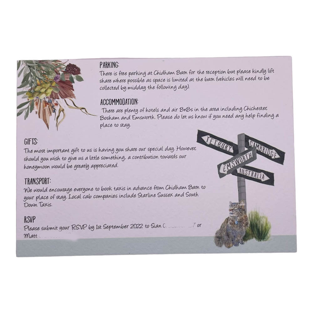 Wedding information card with sign and cat illustration and dried flowers