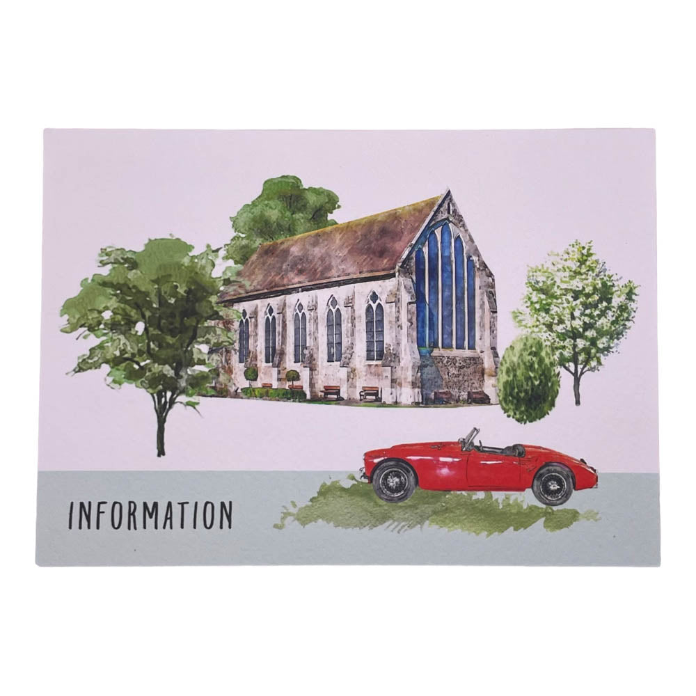 Illustrated information card with guild hall and red sports car in watercolour style  for a wedding from Mustard and Gray