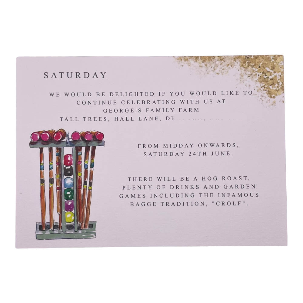 Wedding info card with game watercolour illustration