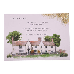 Wedding information card wth Earle Arms Heydon and tree