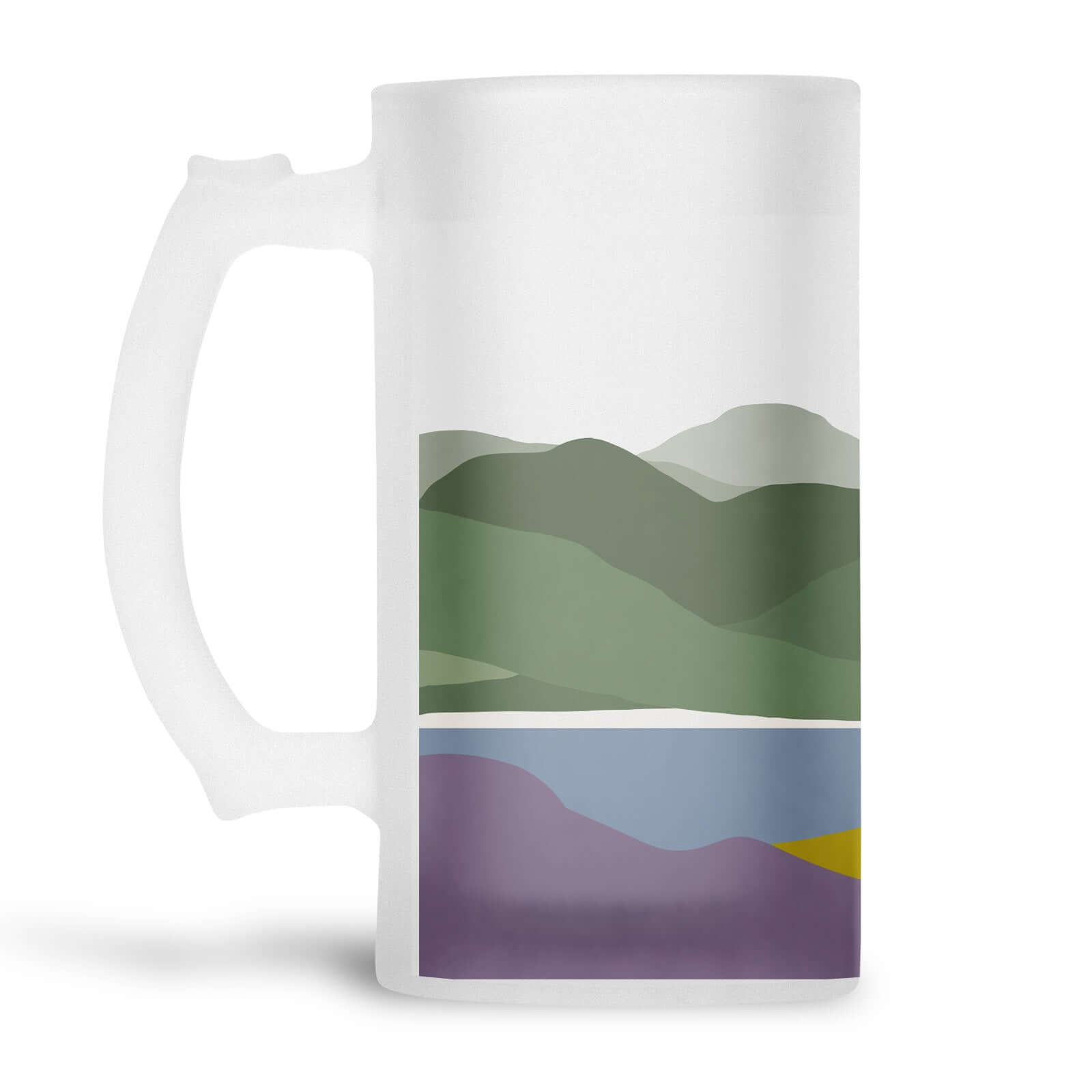 Welsh Hills heather and gorse yellow and purple on green mounains with a blue lake printed on a fristed glass beer stein from Mustard and Gray
