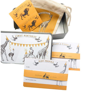 Birthday Parade Time Capsule (First Birthday) set from Mustard and Gray. Printed keepsake tin with cards and memorys bag. Time Capsule Gift Set