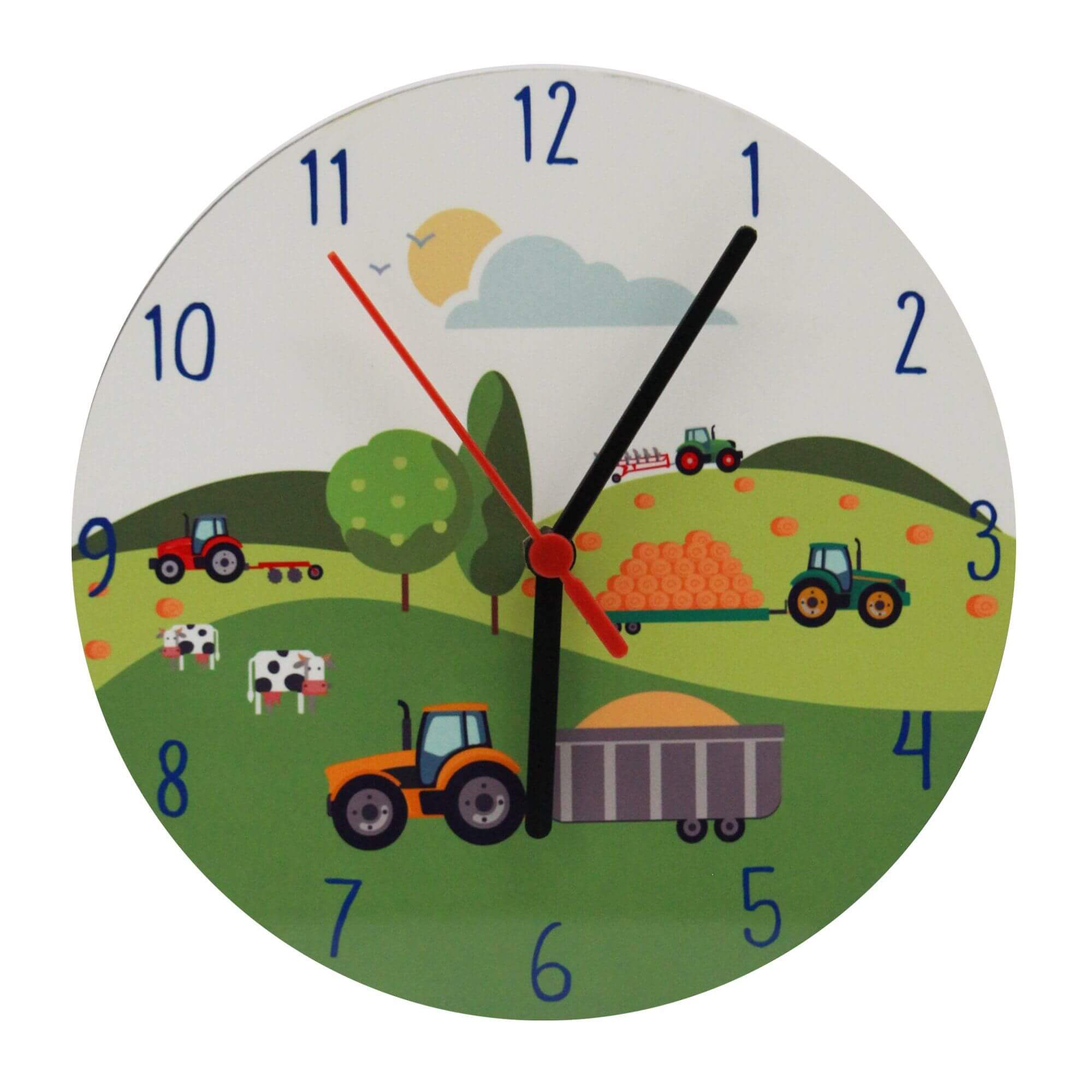 Farm themed childrens clock for a kids bedroom or nursery with tractors, cows, bales, frees, hills and clouds  on the clock face. Black hands with second hand. From Mustard and Gray