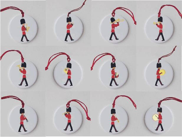 Changing of the Guard Set of 12 Christmas Decoration | Hand - printed Tree Decoration - Mustard and Gray Ltd