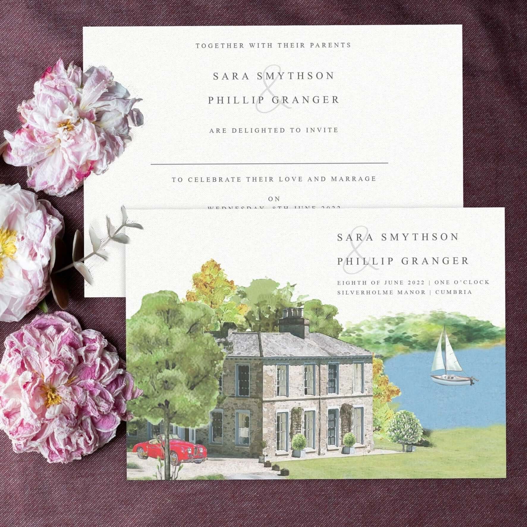 Illustrated wedding invitation featuring a watercolour painting of Silverholme Manor with a lake and sailing boat. Wedding Stationery from Mustard and Gray