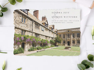Wedding invitation of St Edmunds Hall Oxford in a watercolour style. From Mustard and Gray