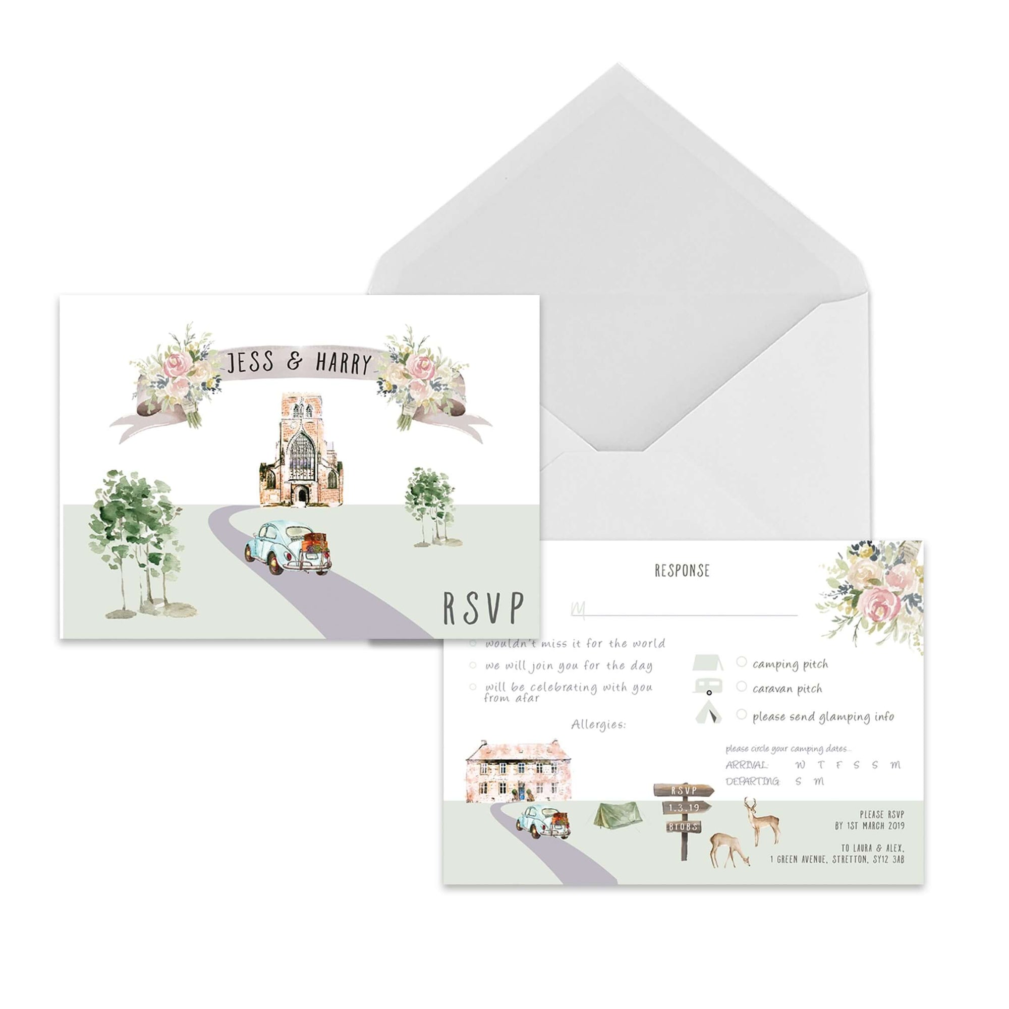 Map style illustrated RSVP response cards with shrewsbury abbey and a VW bug