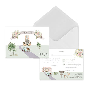 Map style illustrated RSVP response cards with shrewsbury abbey and a VW bug