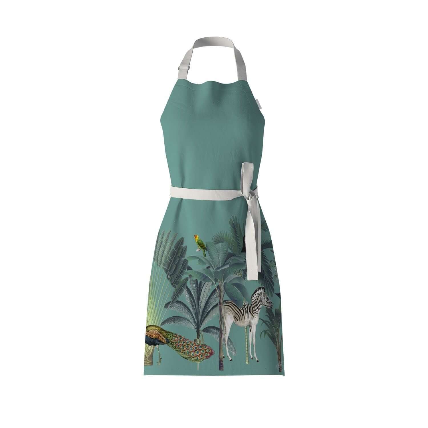 green kitchen apron with darwin's menagerie scene including a zebra, peacock, leopard and palm trees. The contrasting neck and wasit ties. Bib Apron from Mustard and Gray