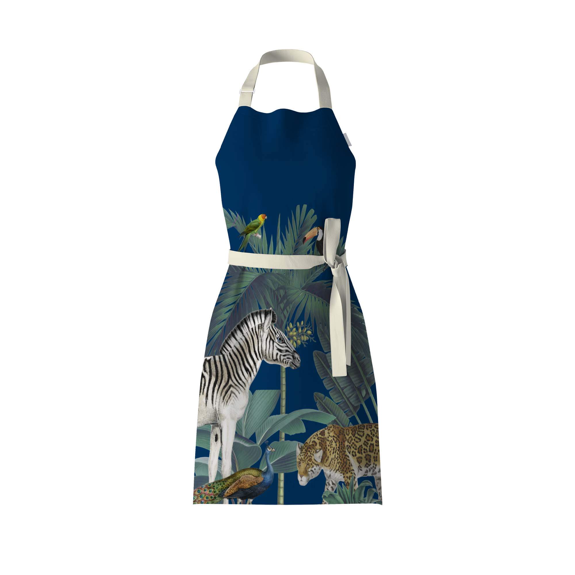 Blue Kictehn apron with Darwin's Menagerie scene including zebra, leopard, peacock and palms on bib apron from mustard and gray with contrasting neck and wasit ties
