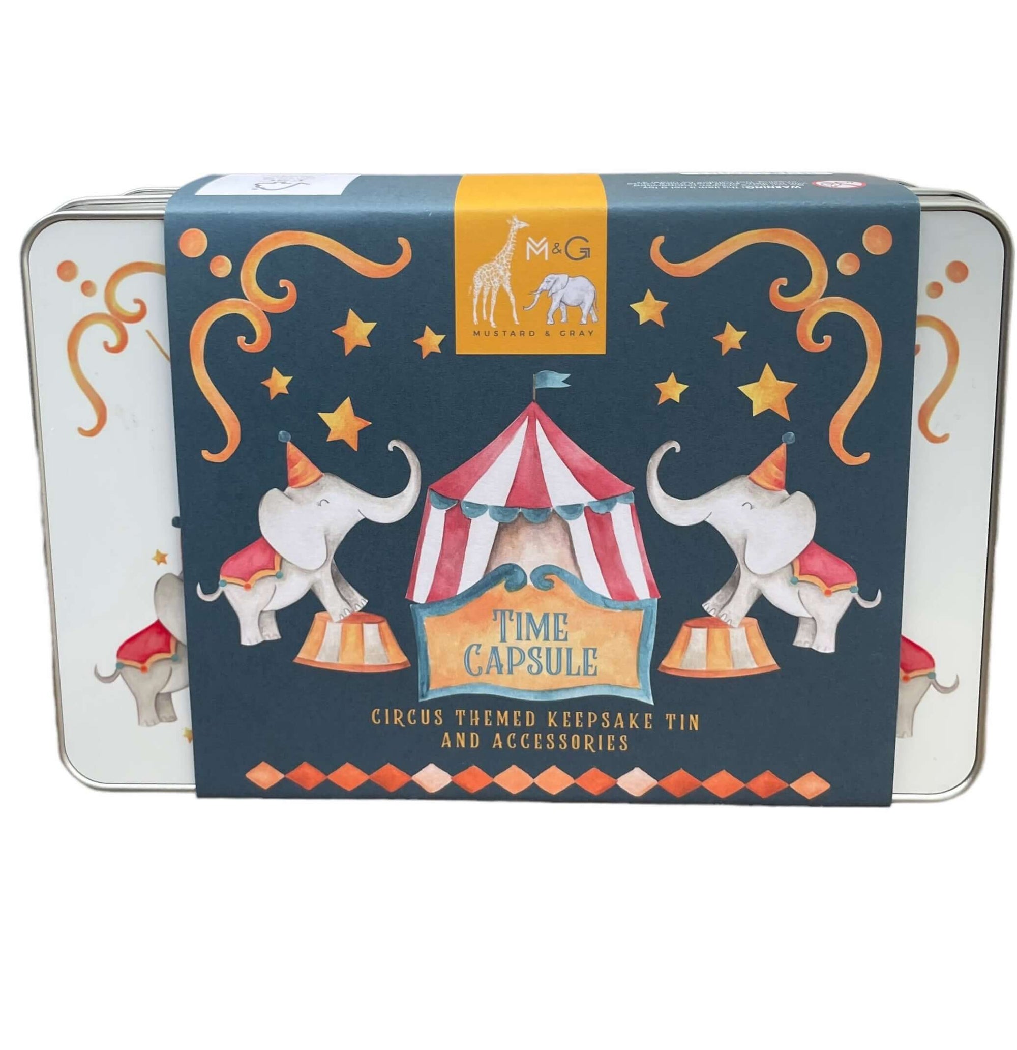 Circus Time Capsule set from Mustard and Gray. Printed keepsake tin with cards and memorys bag. Time Capsule Gift Set