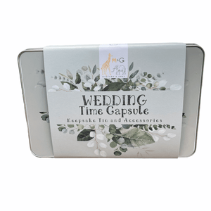 Wedding Time Capsule set from Mustard and Gray. Printed keepsake tin with cards and memorys bag. Time Capsule Gift Set