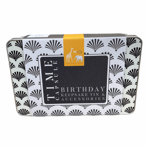 Gatsby Time Capsule set from Mustard and Gray. Printed keepsake tin with cards and memorys bag. Time Capsule Gift Set