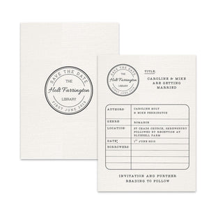 Library Card Save the Date A6 Cards Wedding Stationery Mustard and Gray Ltd Shropshire UK