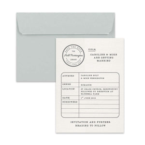 Library Card Save the Date A6 Cards Wedding Stationery Mustard and Gray Ltd Shropshire UK