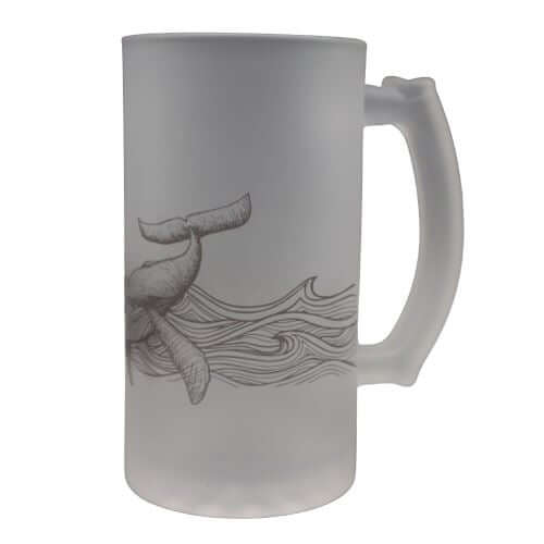 Grey line drawing of a whale on waves on a frosted glass beer stein from Mustard and Gray