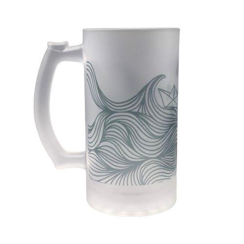 Paper Boat blue line drawing with oragami paper boat printed onto a frosted glass beer stein from Mustard and Gray