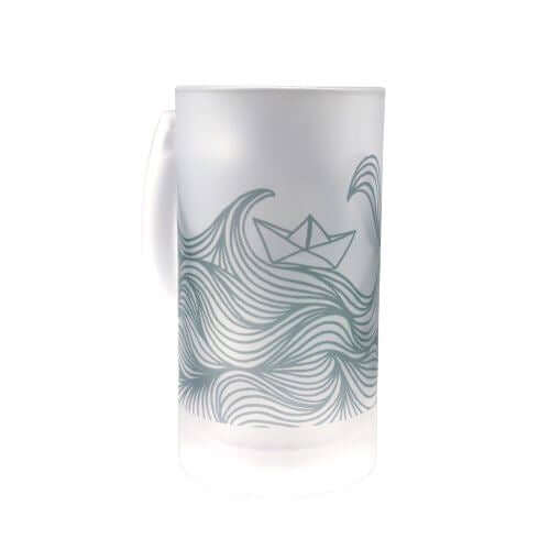 Blue line drawing pattern of waves with a paper boat on a frosted glass beer stein from Mustard and Gray