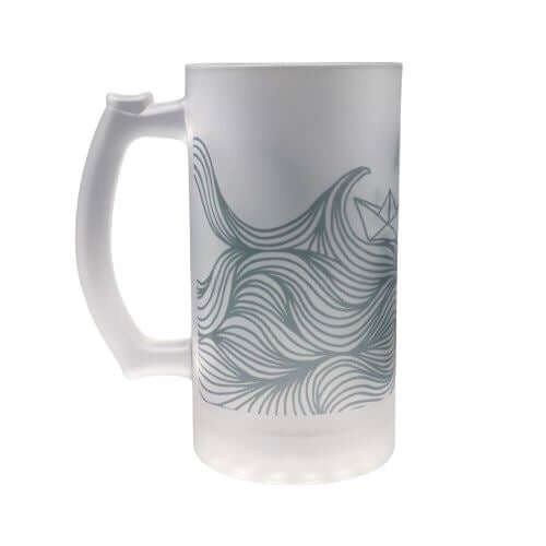 Blue line drawing pattern of waves with a paper boat on a frosted glass beer stein from Mustard and Gray