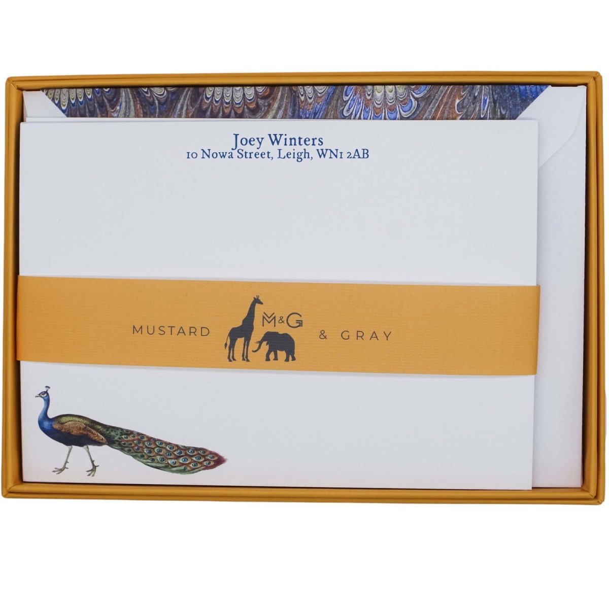 Peacock Marbled Personalised Notecards - Mustard and Gray Ltd