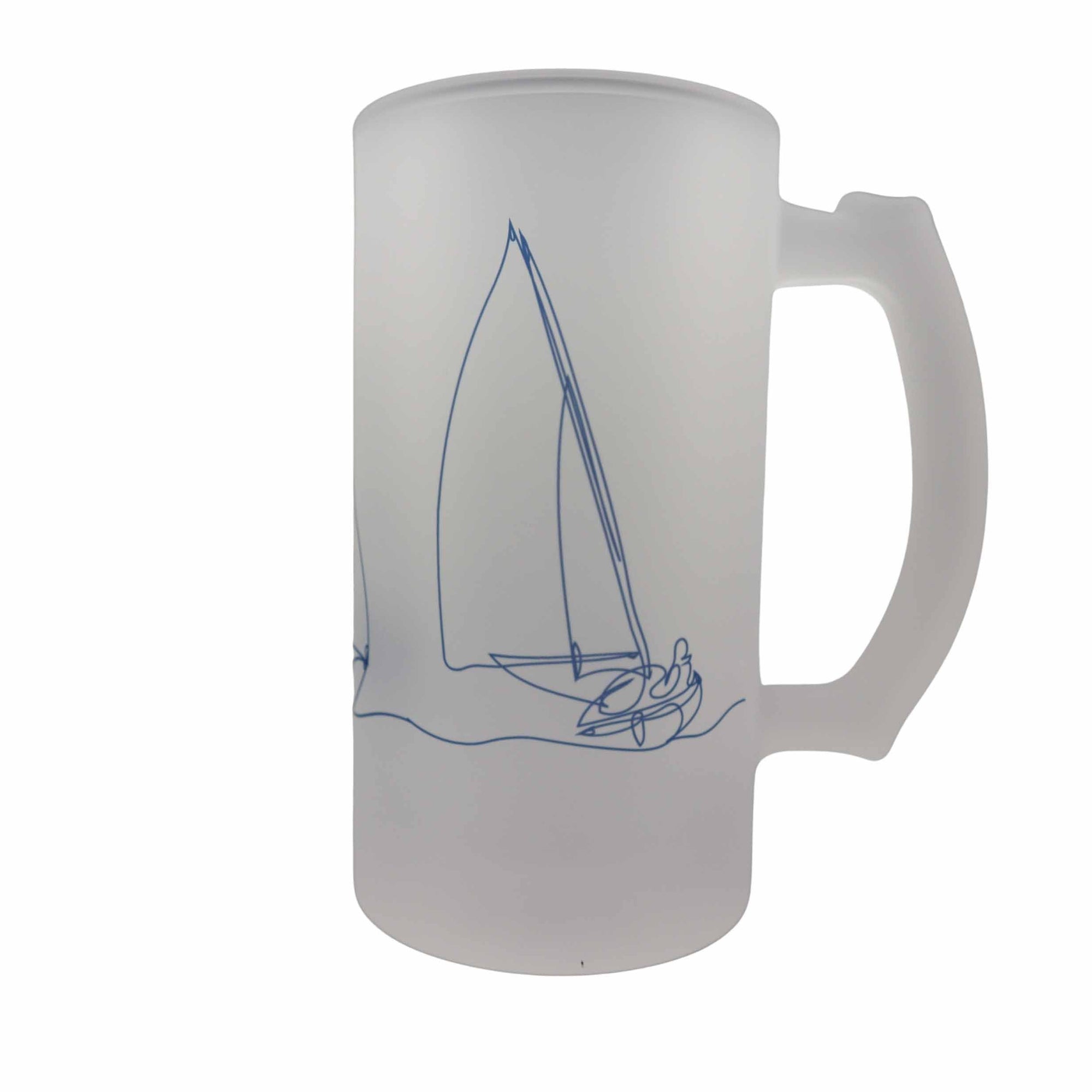 Blue line drawing of sailing boats, dingies, yachts  around a frosted glass beer stein from mustard and gray