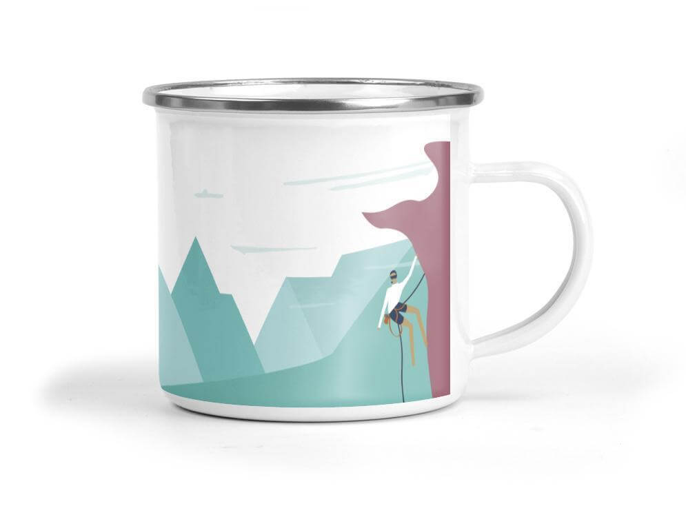 The Mountains Are Calling Climbing Enamel Metal Tin Cup Enamel Mug Mustard and Gray Ltd Shropshire UK