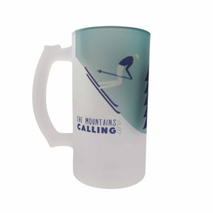 Snow Skiing with The mountains are calling slogan printed onto a frosted glass beer stein from Mustard and Gray