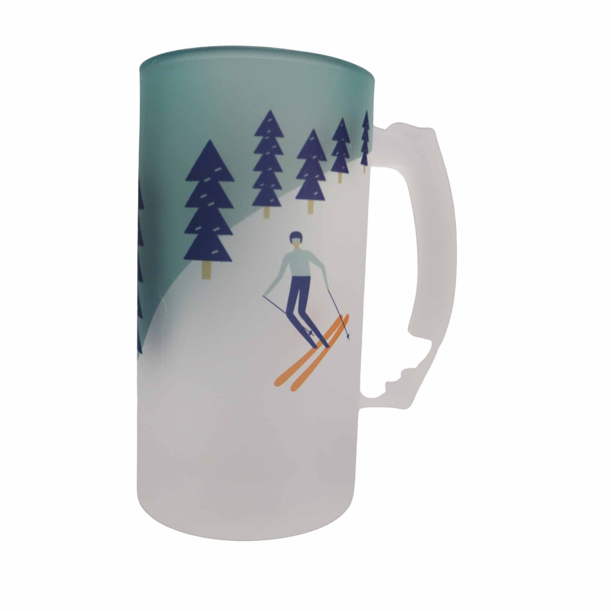 Snow Skiing with The mountains are calling slogan printed onto a frosted glass beer stein from Mustard and Gray