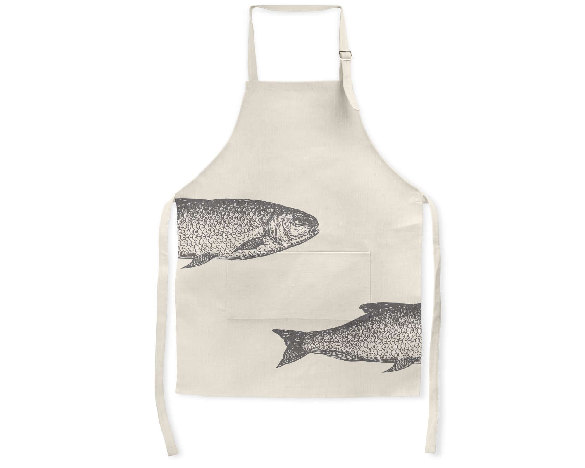 Ticklerton Tench grey fish print Apron made form Poly Linen from Mustard and Gray