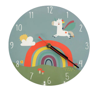 Rainbow unicorn themed childrens clock for a kids bedroom or nursery with a colourfl rainbow, flying unircorn, sun, and meadow on the clock face. Black hands with second hand. From Mustard and Gray