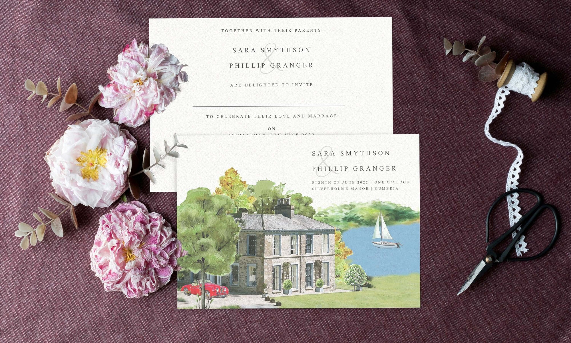 Silverholme Manor wedding invitation from Mustard and Gray