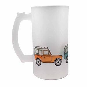 Weekend Wheels off road 4x4 SUV truck landrover defender jeep printed on a frosted glass beer stein from Mustard and Gray