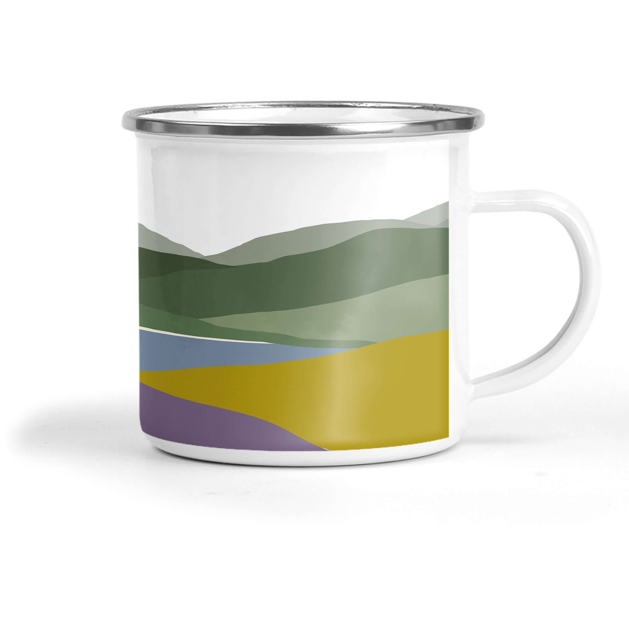Welsh Hills "Heather and Gorse" Enamel Metal Tin Cup Enamel Mug Mustard and Gray Ltd Shropshire UK