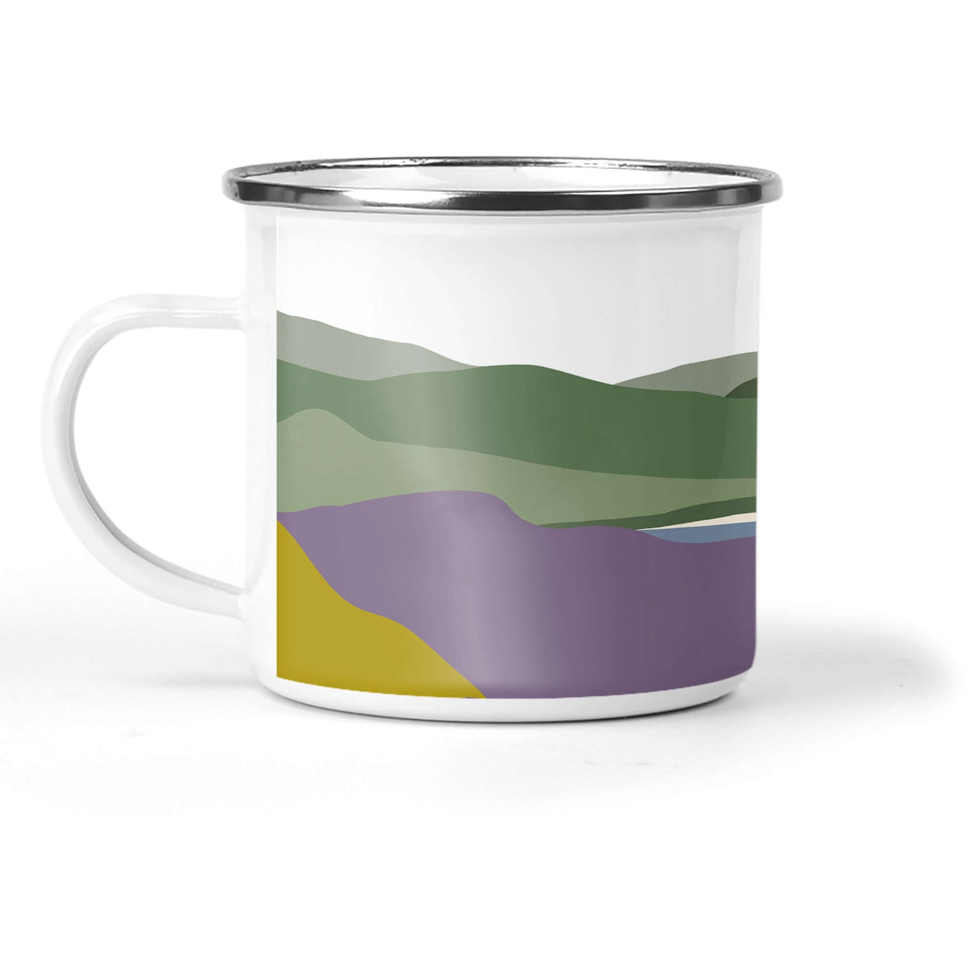 Welsh Hills "Heather and Gorse" Enamel Metal Tin Cup Enamel Mug Mustard and Gray Ltd Shropshire UK