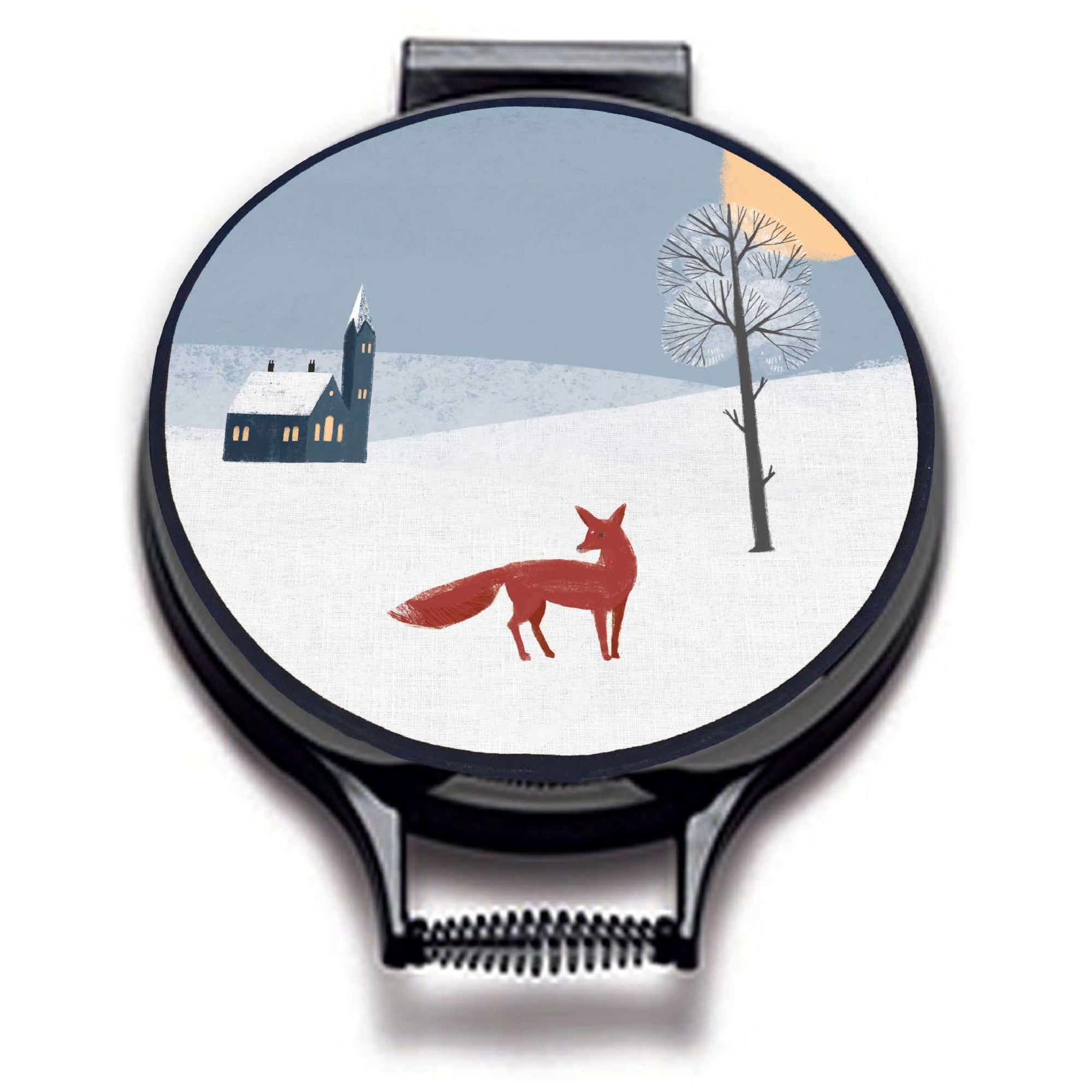 winter fox scandi modern print on a beige whith village scene including blue sky, a red fox, and church linen circular hob cover with black hemming. Pictured on metal cooker lid on an isolated background. Mustard and Gray