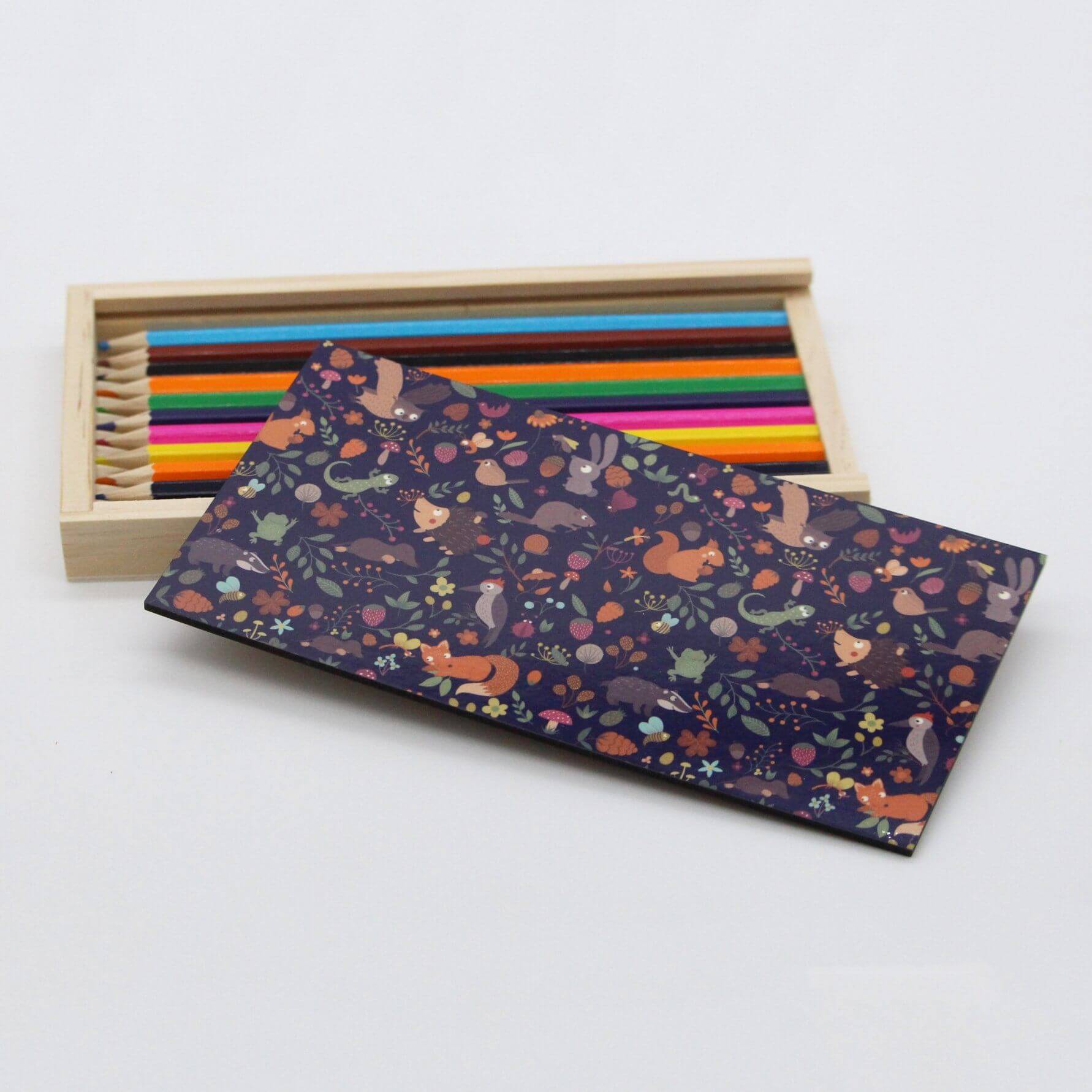 Woodland Wooden Pencil Box with Coloured Pencils  Mustard and Gray Ltd Shropshire UK
